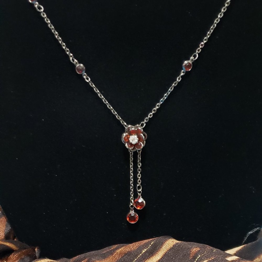 Vintage Y Necklace With Topaz Color Stones & Silver.
